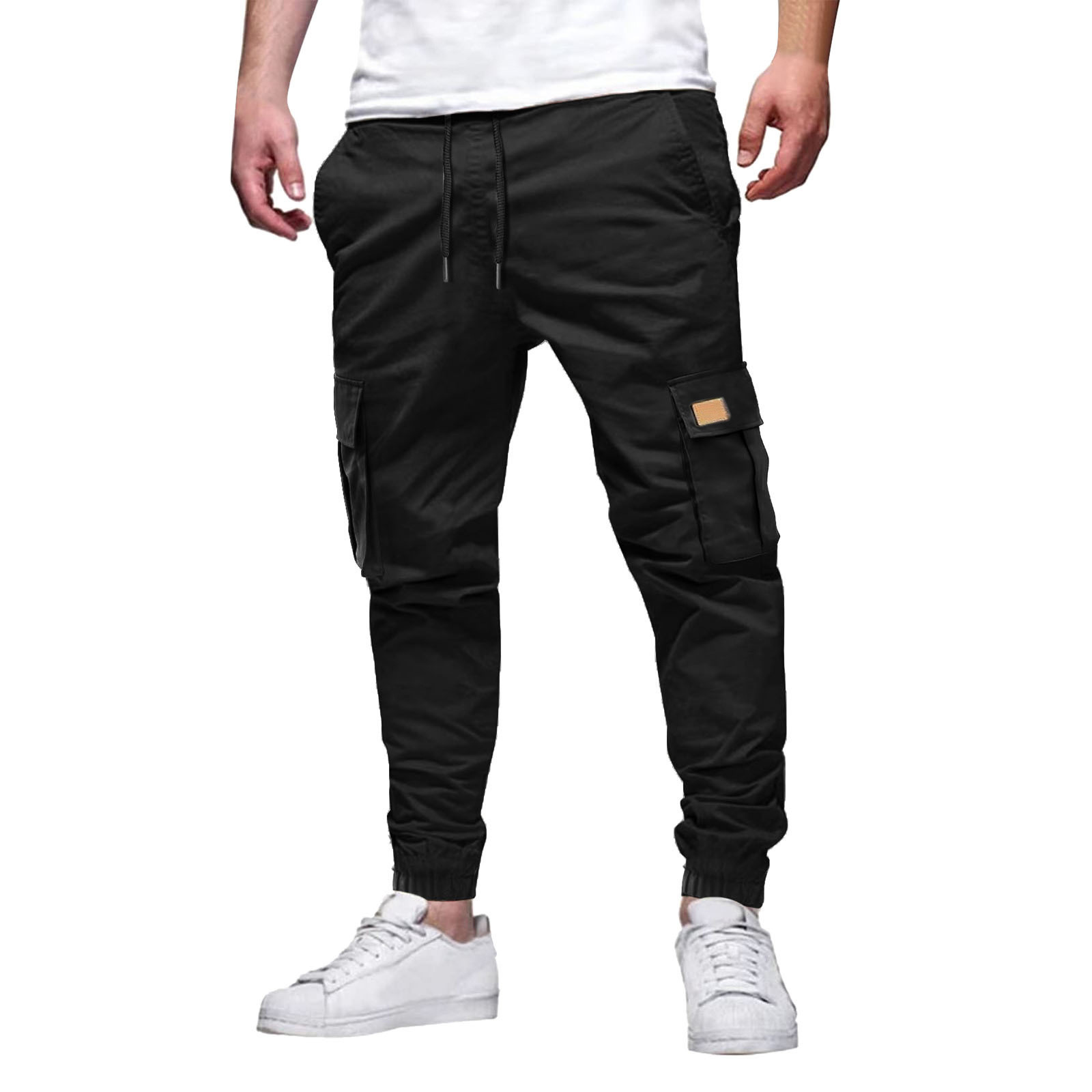 thumbnail image 5 of Pantalones cargo de largo completo y cintura media para hombre: estampado a cuadros lisos, cordón, bolsillos; pantalones deportivos informales para la playa, para todas las estaciones, poliéster; t, 5 of 8